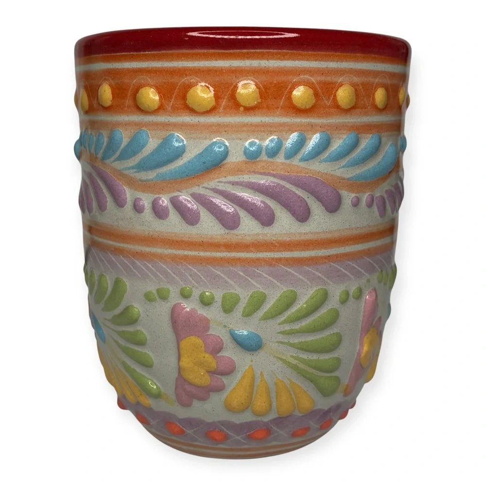 Colorful Televera Salazar Pue Mexico Ceramic Art Tumbler Cup 4.25” x 3.5”